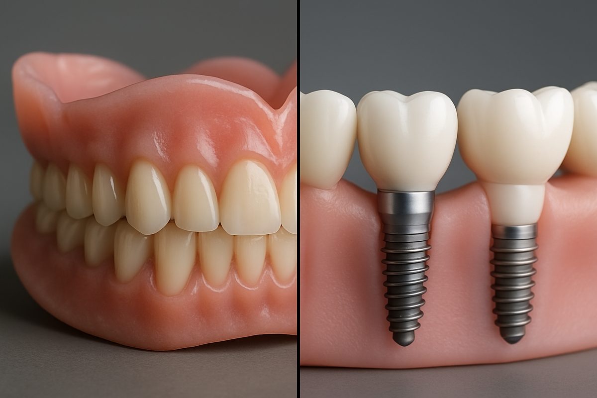 A split image comparing full dentures on the left and dental implants on the right. The dental implant side looks modern and sleek. The dentures have a more traditional feel. No text on the image.